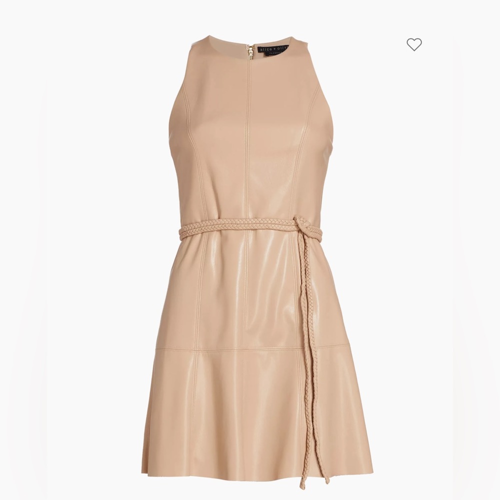 Alice + Olivia Leandra Vegan Leather Minidress, SZ 2, Almond color, BN,$395